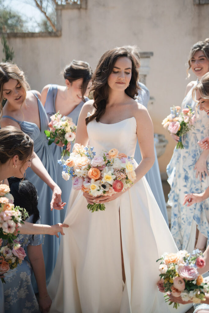 Elegant bride and bridesmaids showcasing wedding trends in dress styling