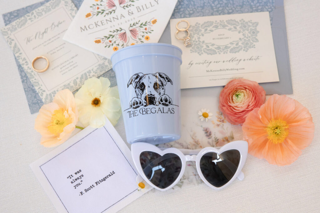 Personalized wedding items and florals showing 2026 wedding trends in fun details