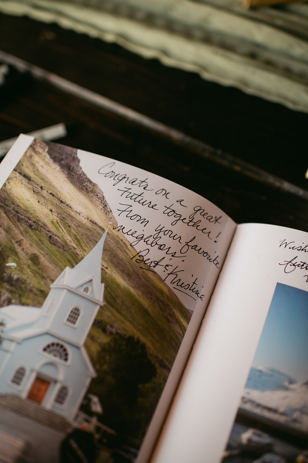 Wedding guestbook with handwritten note and church photo