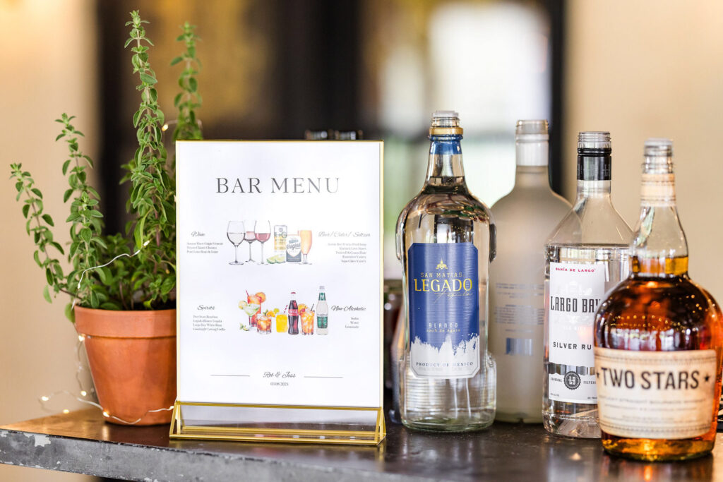 Wedding bar menu with drinks