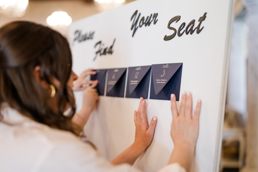 Guests arranging seating chart organized by AI wedding planner