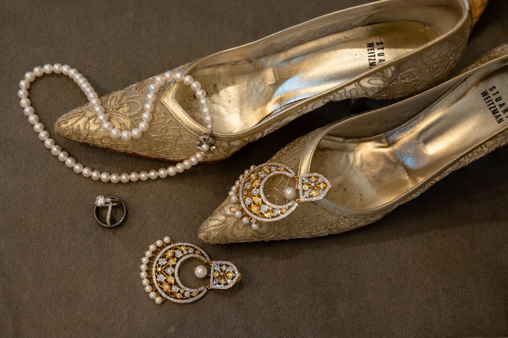 gold shoes and earrings for spring wedding