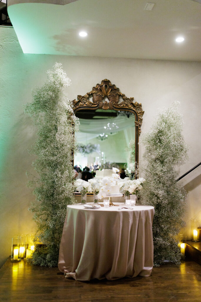 wedding reception design with mirror and botanical details at Ma Maison wedding venue
