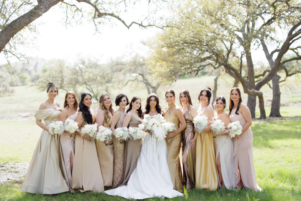 metallic and neutral wedding party dresses for spring wedding