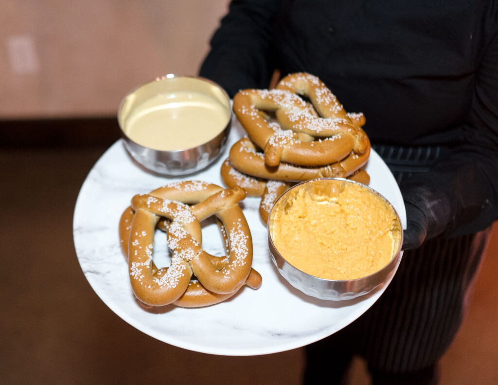 pretzels and cheese at wedding reception