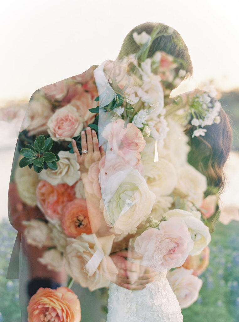 pastel florals and wedding couple