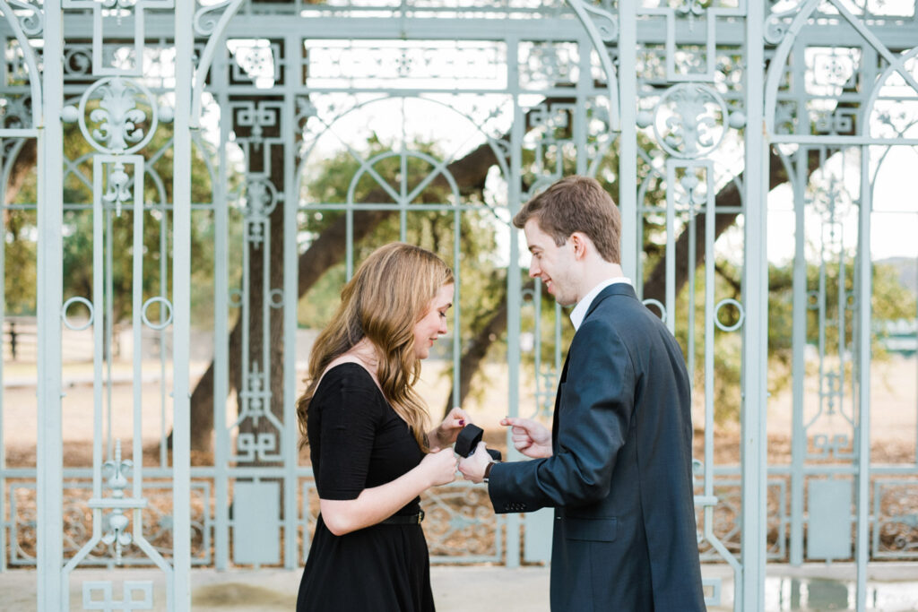 Emotional quiet proposal between couple at elegant Green Cathedral