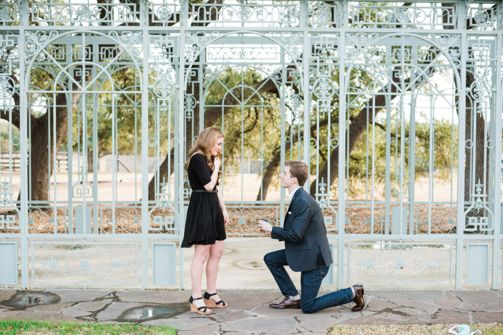 Bride-to-be reacting to a heartfelt quiet proposal outdoors