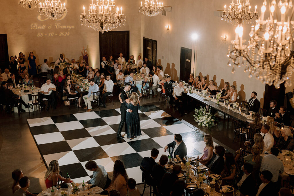 Mother-son dance surrounded by guests.