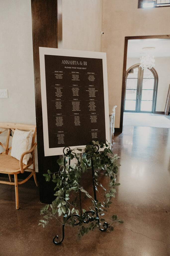 Wedding seating chart placed on wedding reception entrance
