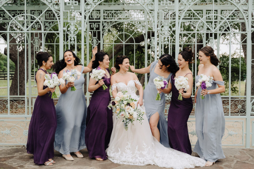 Wedding party moments with the bride in front of Green Cathedral
