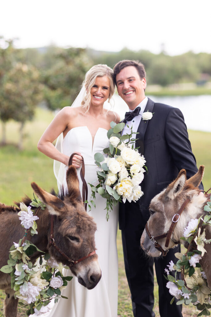 Couple posing with wedding donkeys