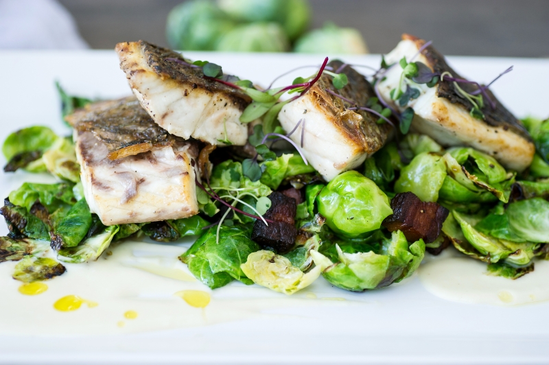 Seared Red Fish with Brussel Sprouts and House Bacon