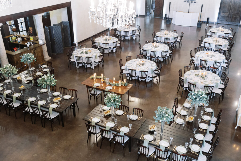 Overhead view of decorated tables for intimate wedding venues
