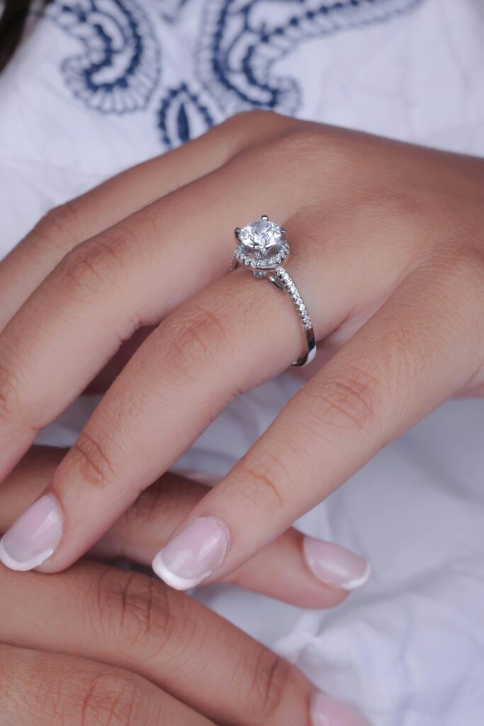 Solitaire lab-grown diamond engagement ring on a bride’s hand