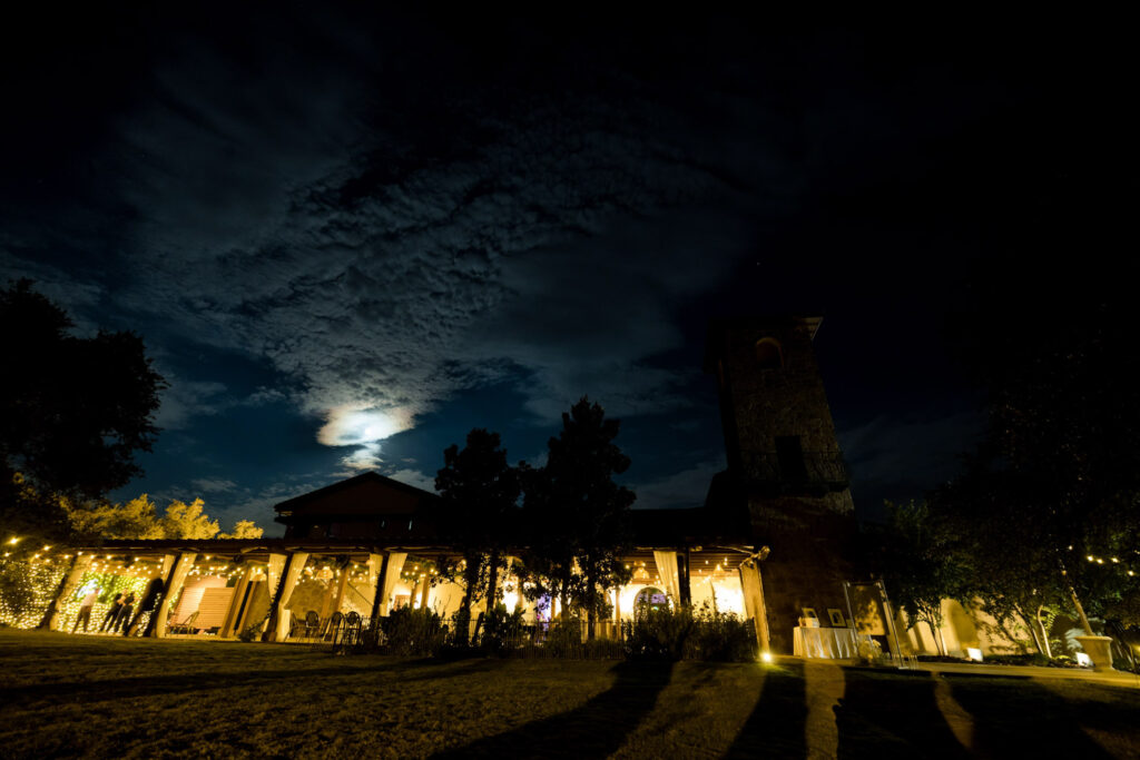 Moonlit wedding venue exterior—one of the most romantic spots in Dripping Springs
