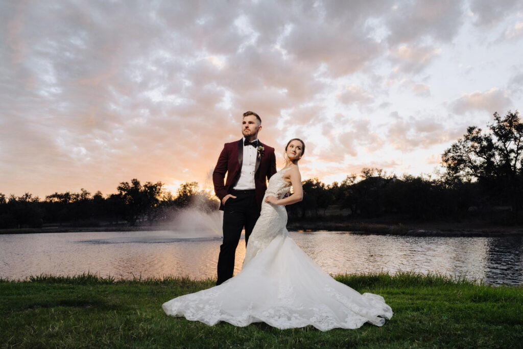 Bold sunset pose of the married couple