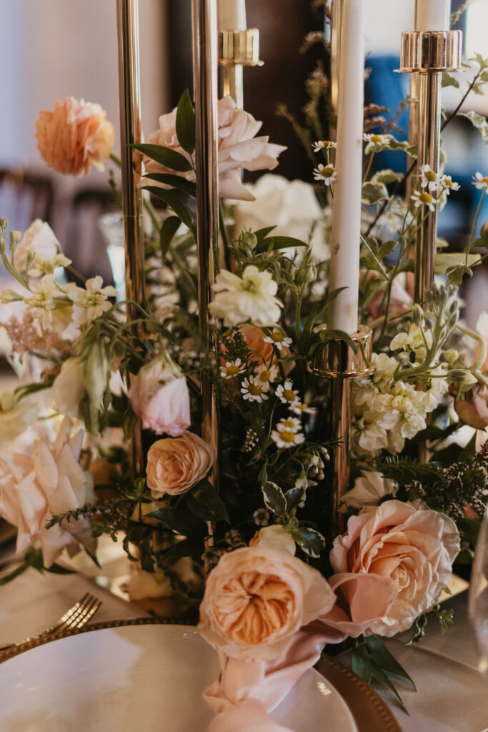 Close-up of centerpiece florals featuring blooms that may wilt fast